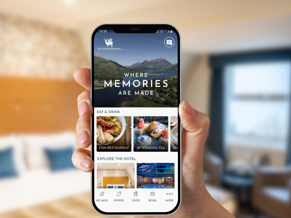 A phone with the Crieff Hydro Family of Apps on it